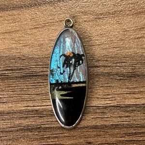 Vintage Blue Morpho Butterfly Wing Pendant With Tropical Palm Tree & Water 1.25"